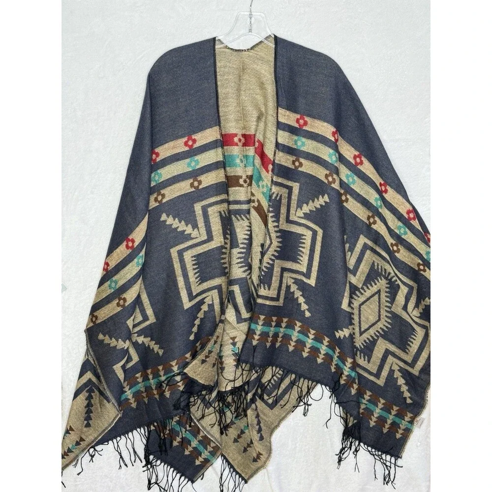 Urban CoCo Shawl Poncho‎ Wrap Cape Reversible Fringe Tassel Aztec Western